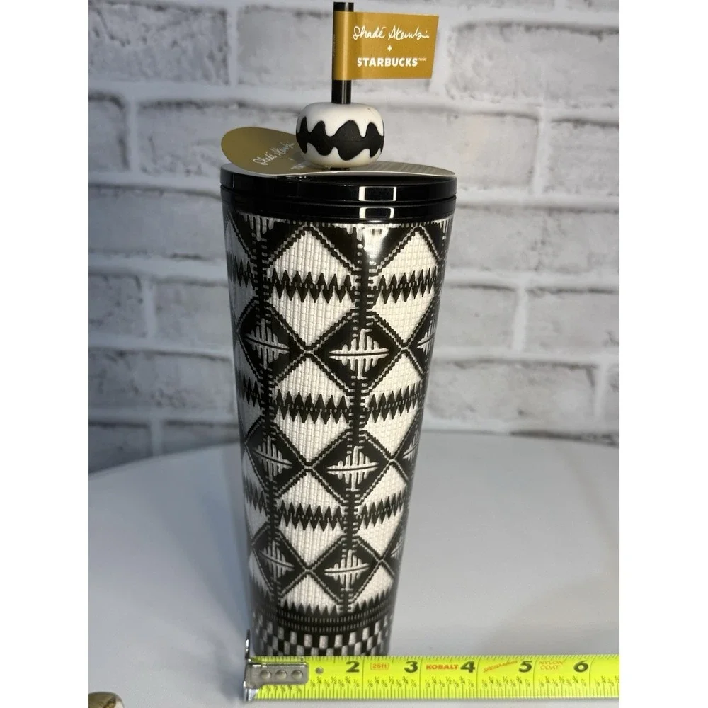 NEW - 2025 Starbucks Tumbler 24 Oz Shade Akanbi Black &‎ White Silicone Topper